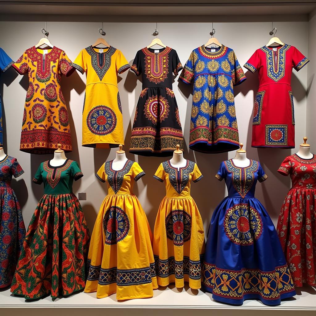 A variety of Dashiki dresses for girls in different colors and patterns