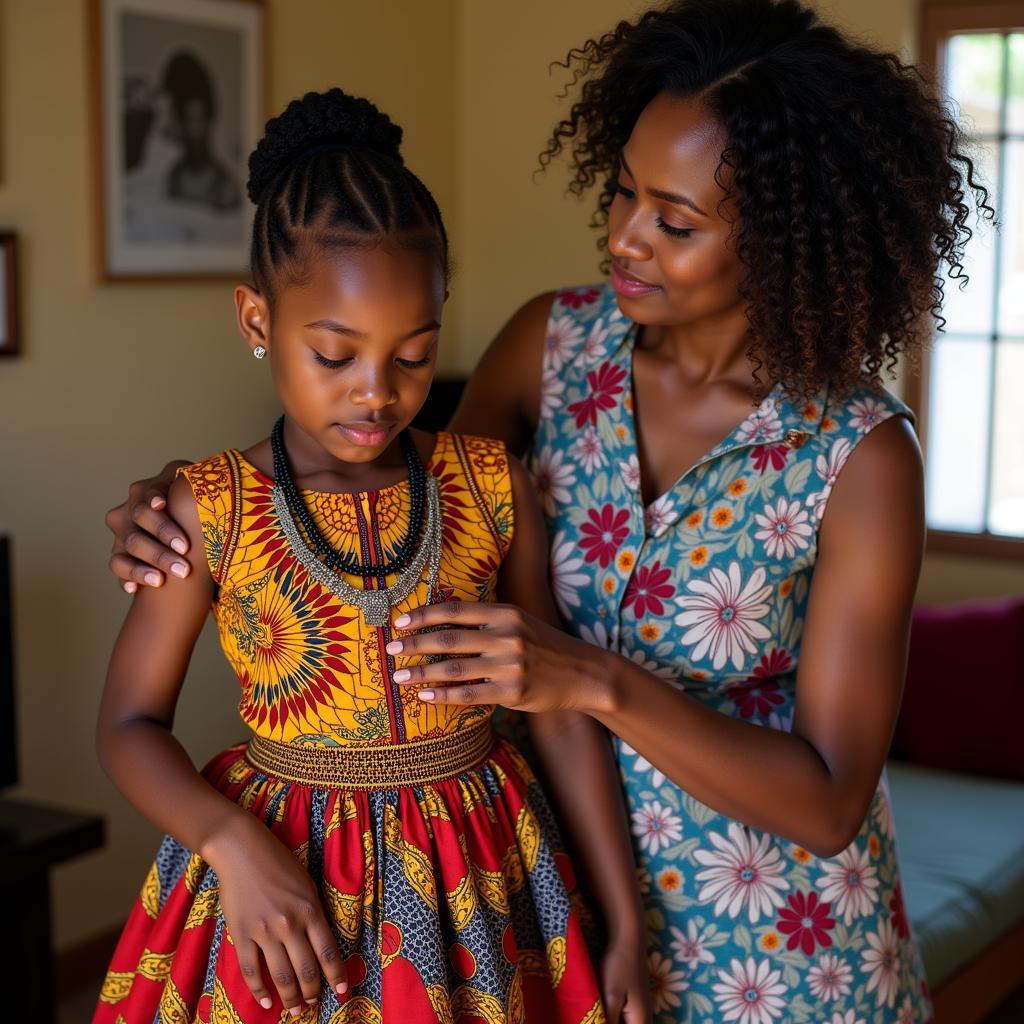 A mother helps her daughter try on a traditional African dance dress