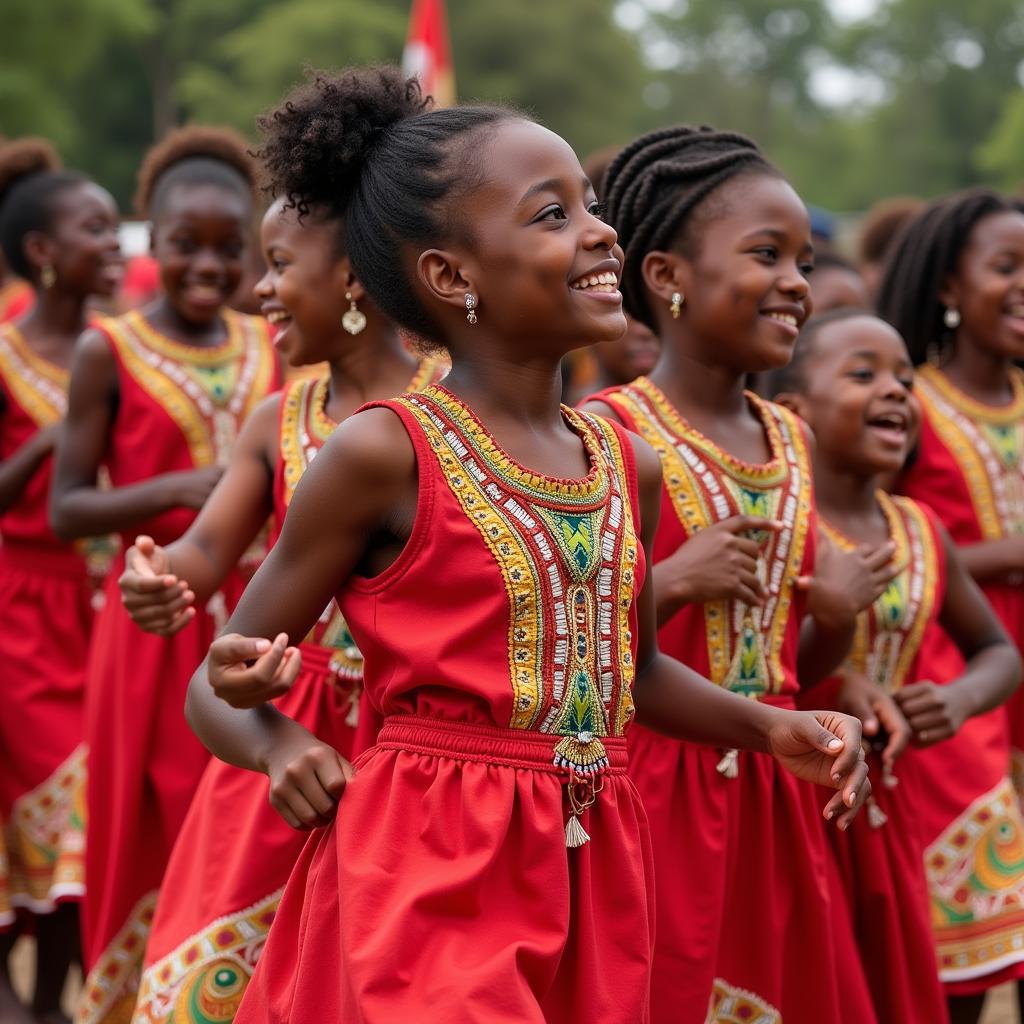 Girls in colorful African dance dresses performing a traditional dance