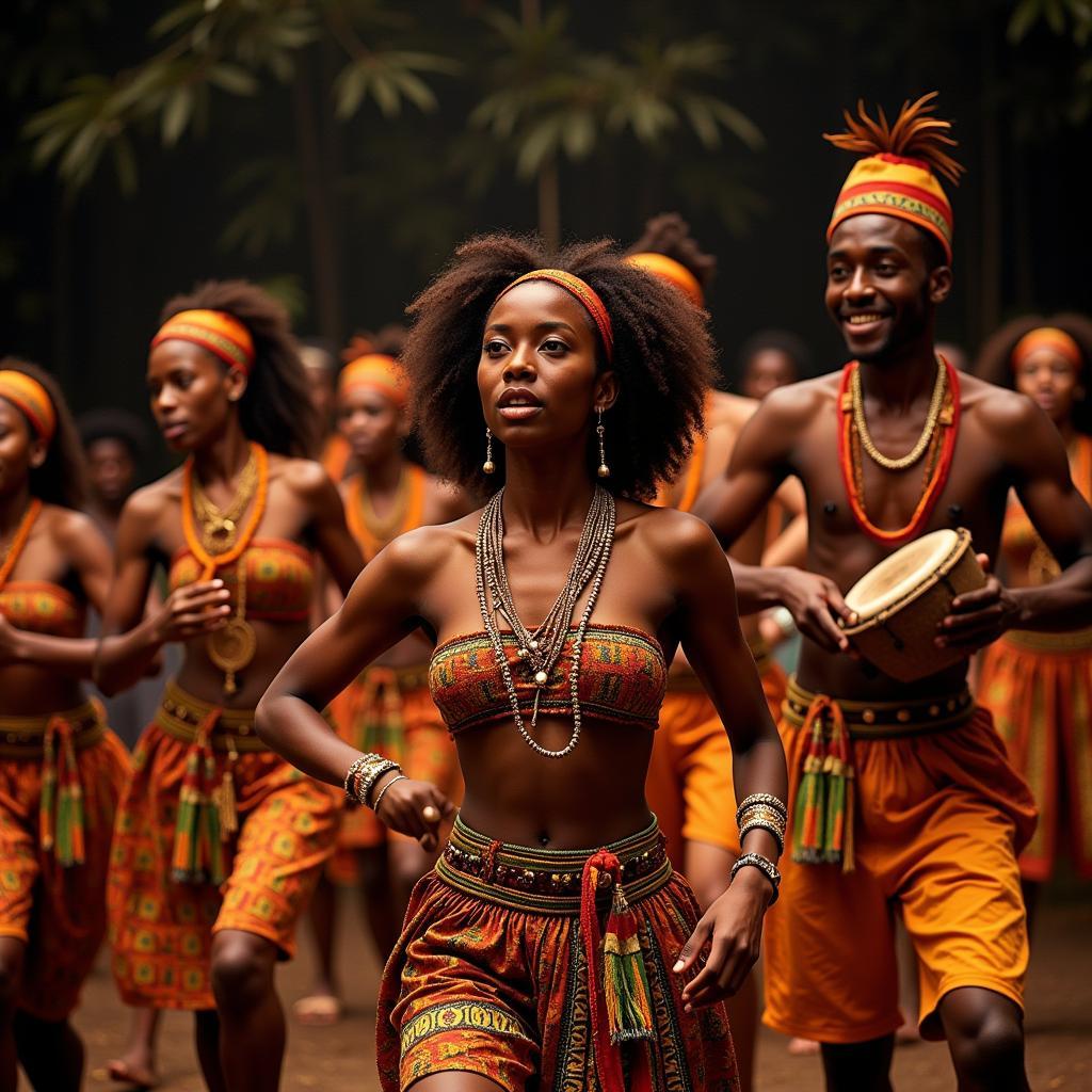 Traditional African dance performance with intricate costumes