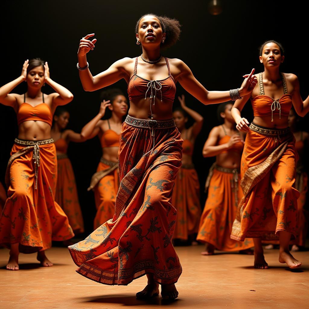 A group of African dancers in traditional costumes during a performance