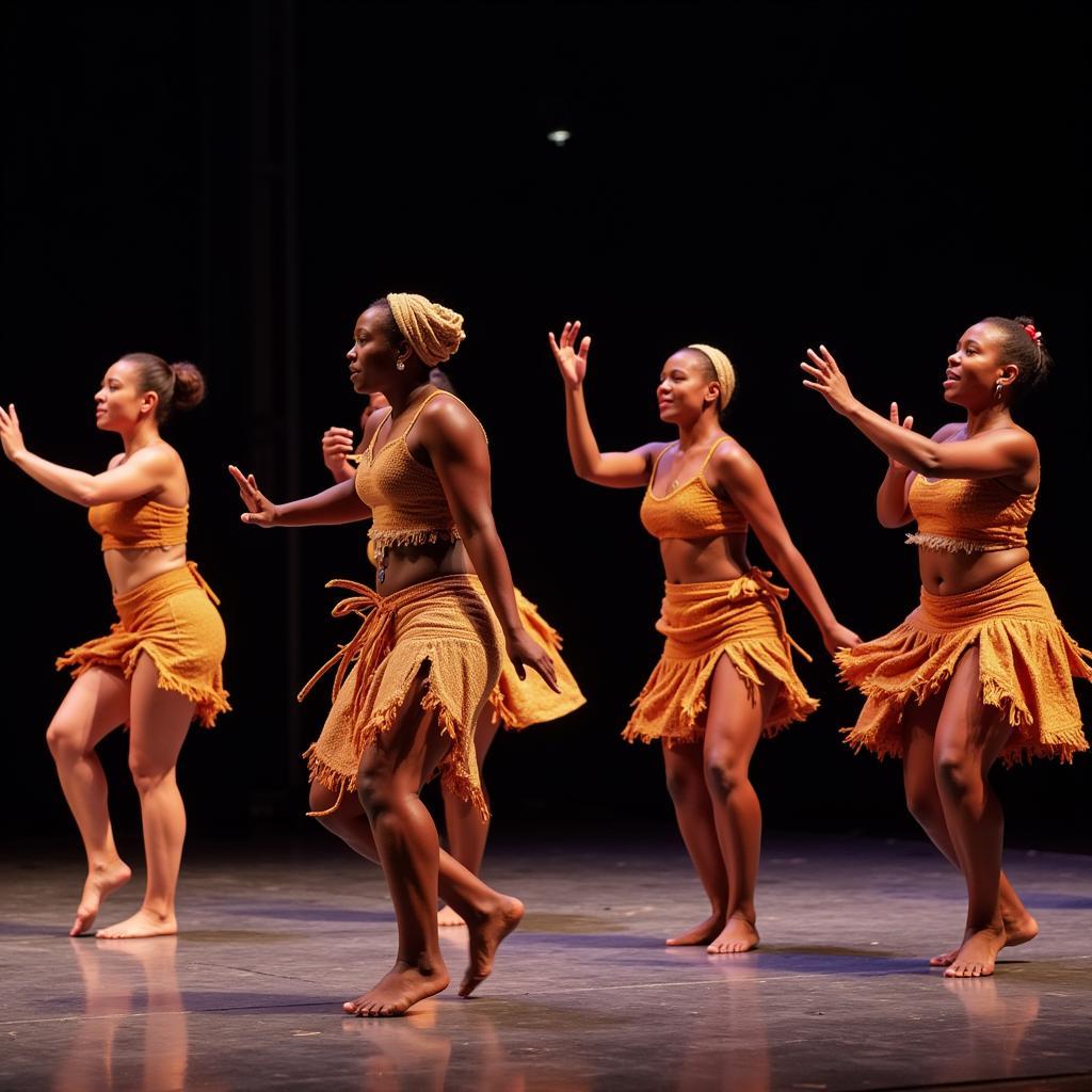 A professional African dance troupe captivates the audience with their powerful performance, highlighting the athleticism and artistry of African dance.