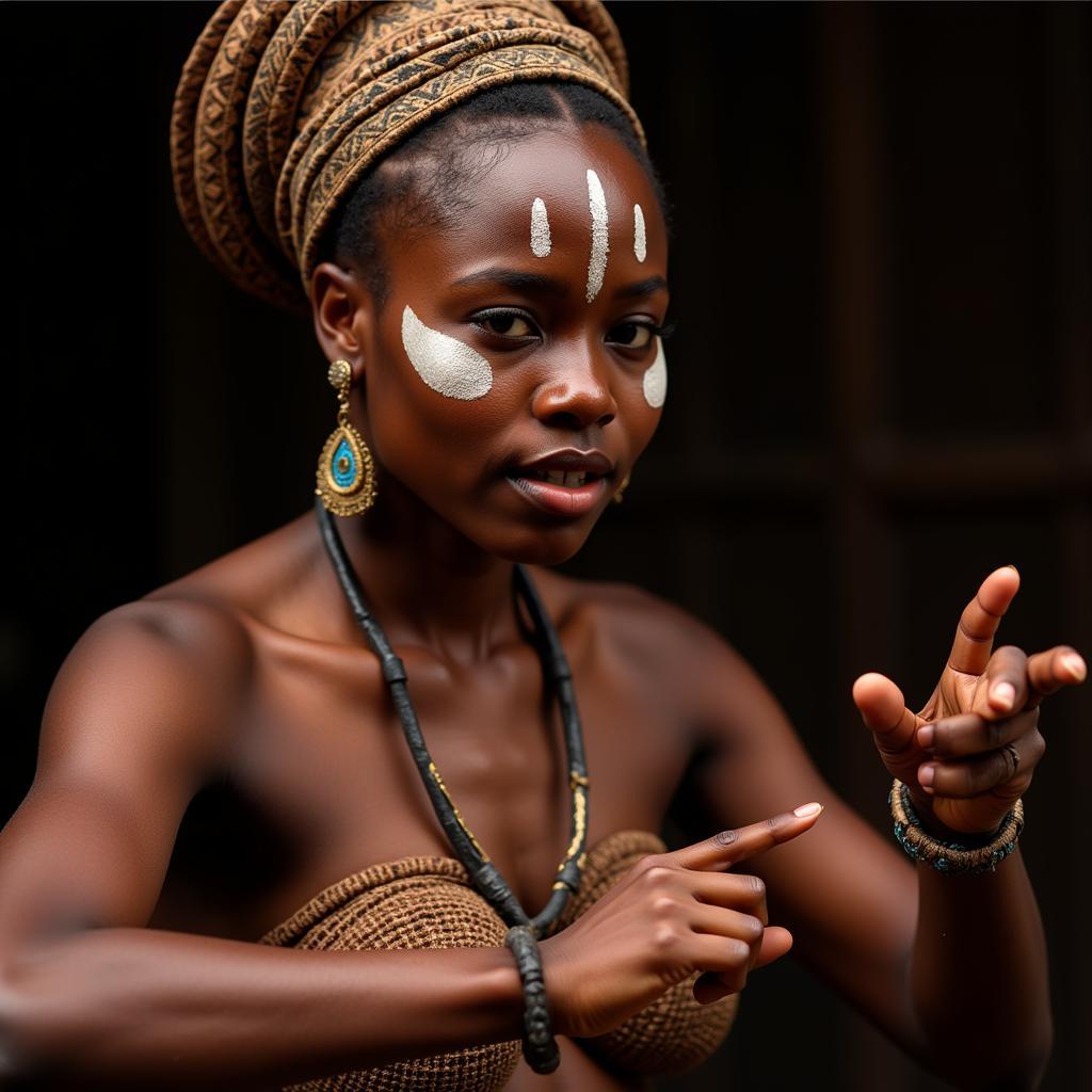 Close-Up of an African Dancer with Intricate Headwear