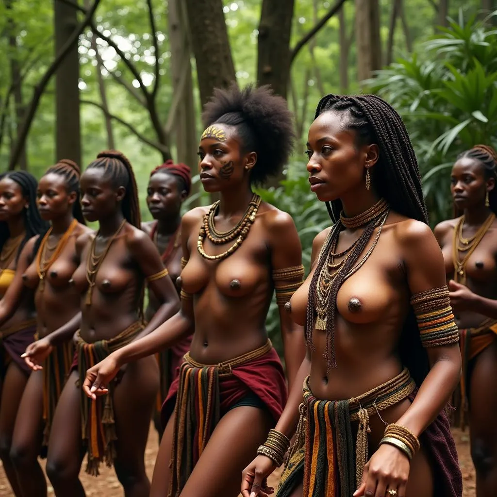 Bare-chested dancers performing a ritualistic dance in a sacred grove