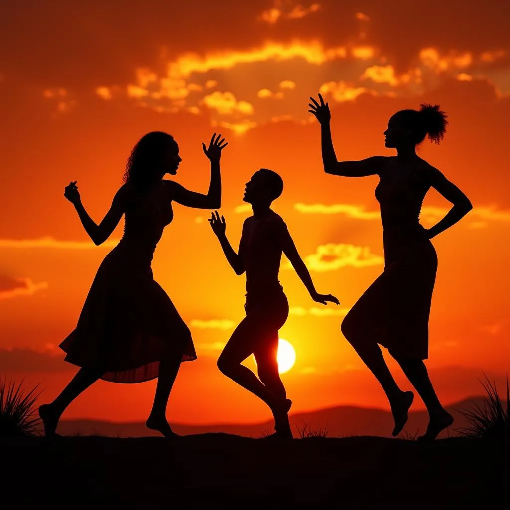 Silhouetted African dancers against a vibrant sunset