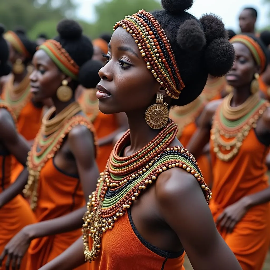 African dancers adorned with beads