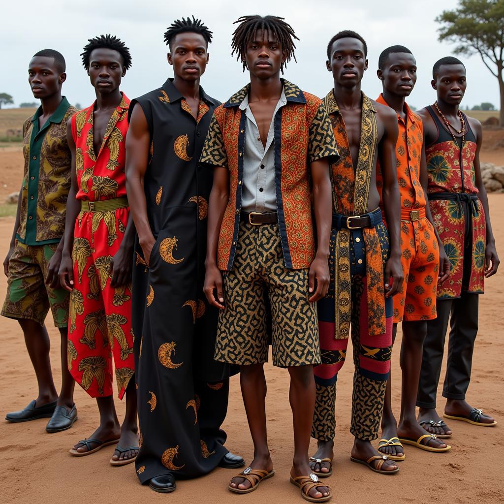 Models strutting down the runway in contemporary African menswear designs during a fashion show.