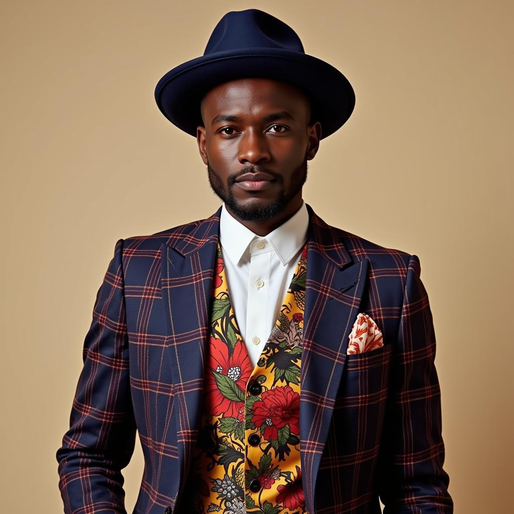 Dapper African man in a colorful suit and accessories, showcasing his personal style.