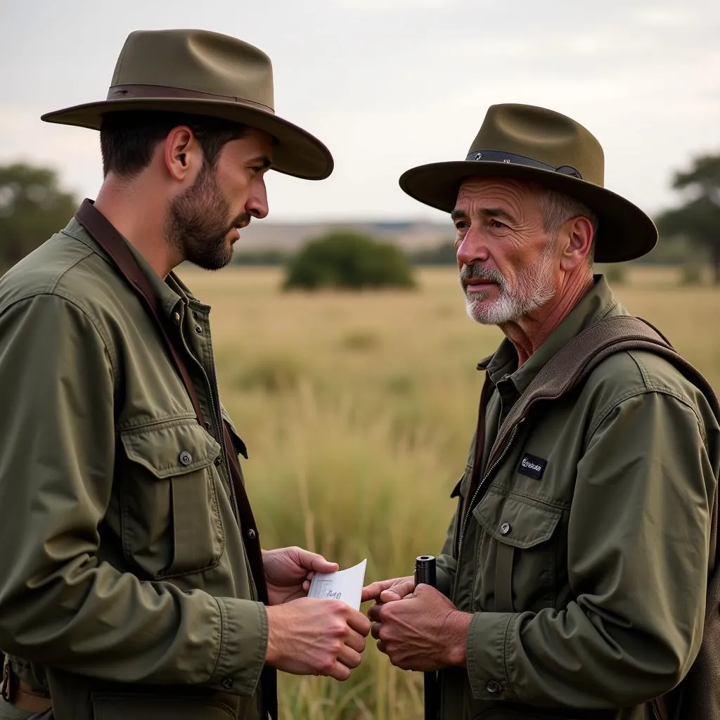 Experienced guide briefing hunter in the African savanna