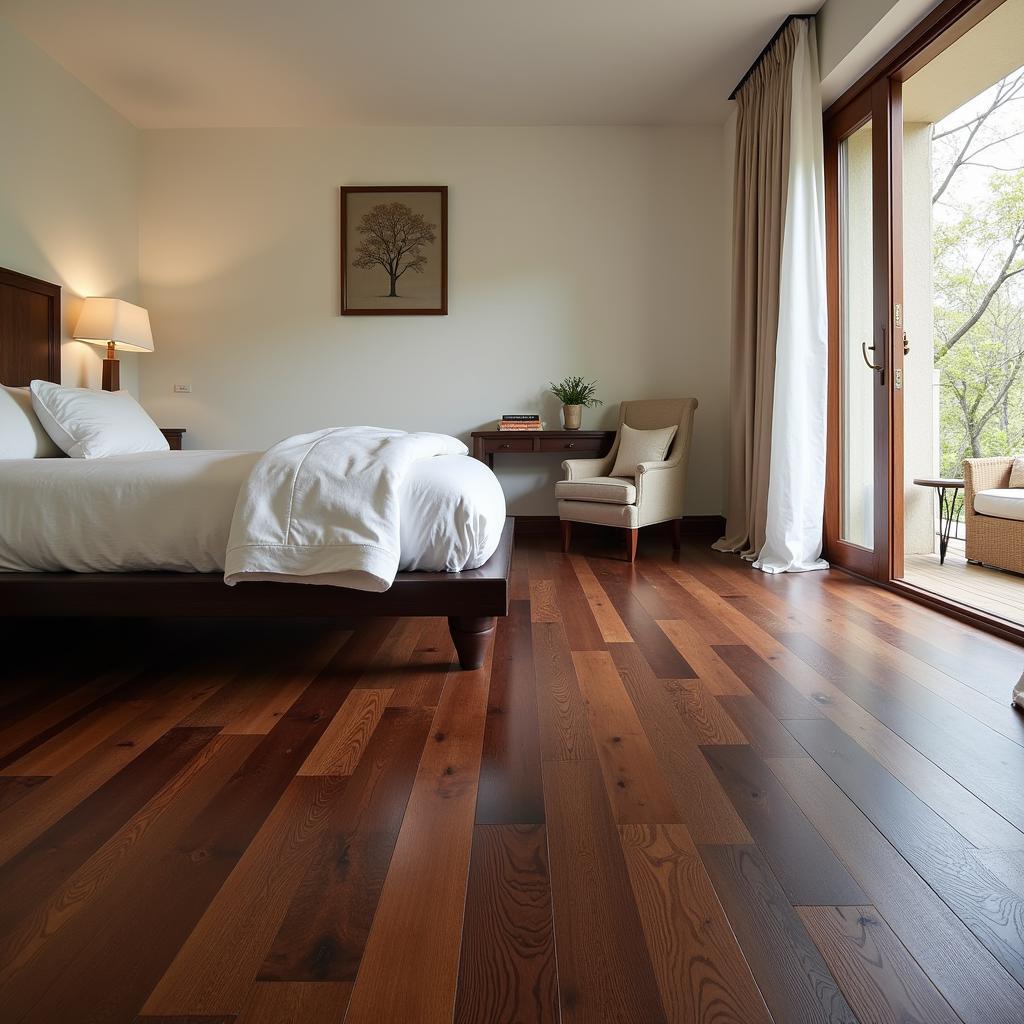 Dark wood flooring in a minimalist bedroom