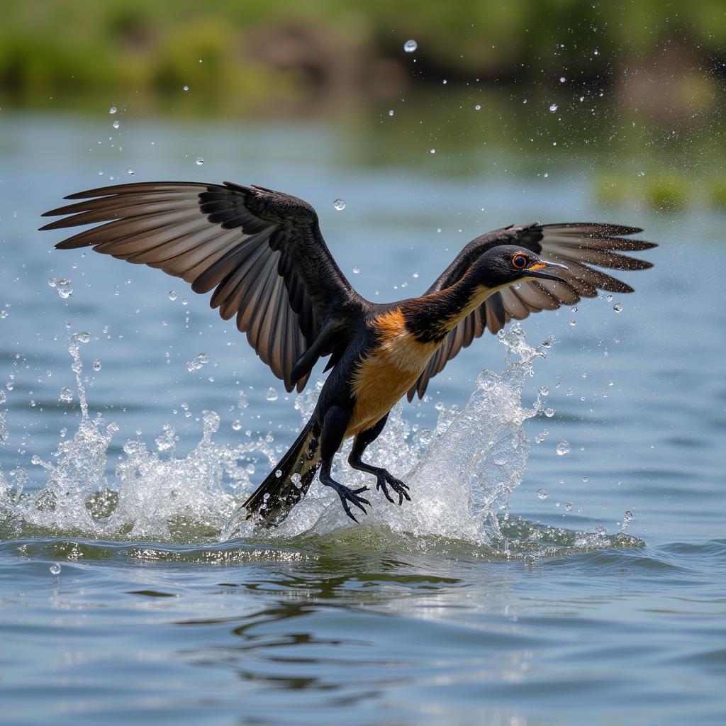 African darter diving for fish in a lake