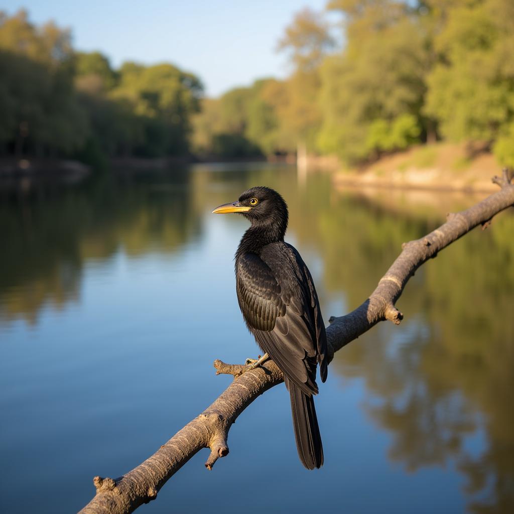 African darter perched on a branch overlooking a lake