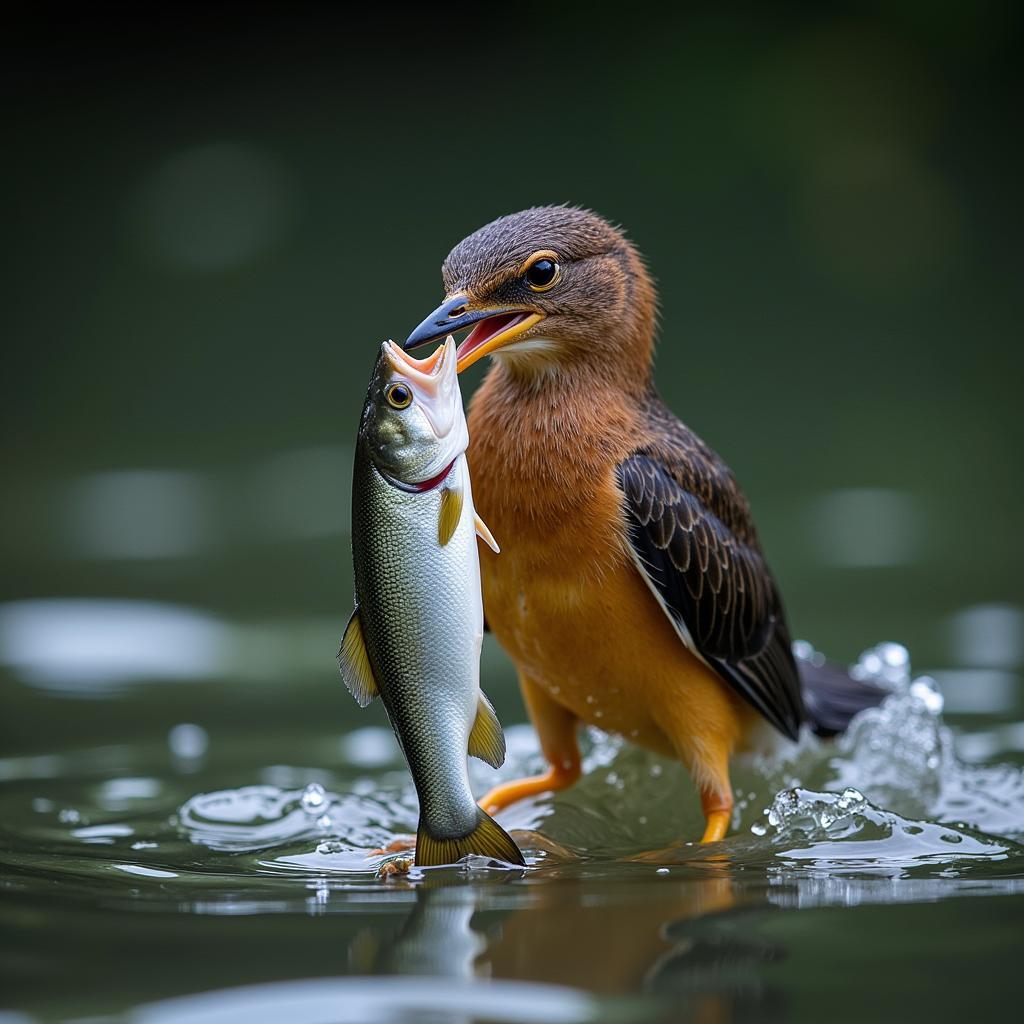 African darter emerging from water with fish