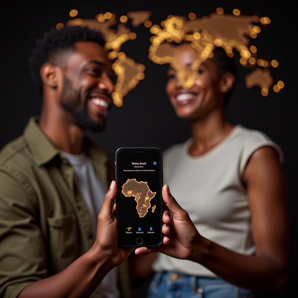 Couple smiling and looking at phone using african dating app