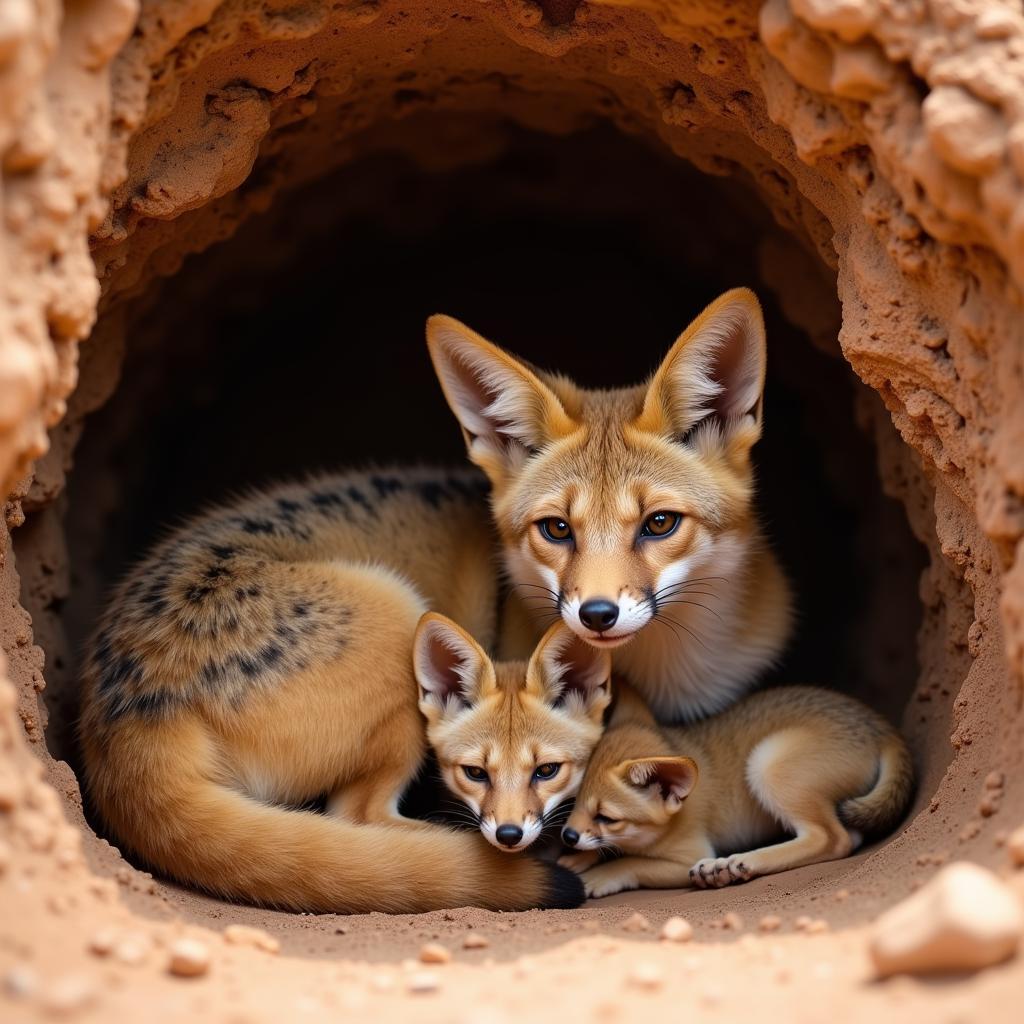 African desert fox family in den