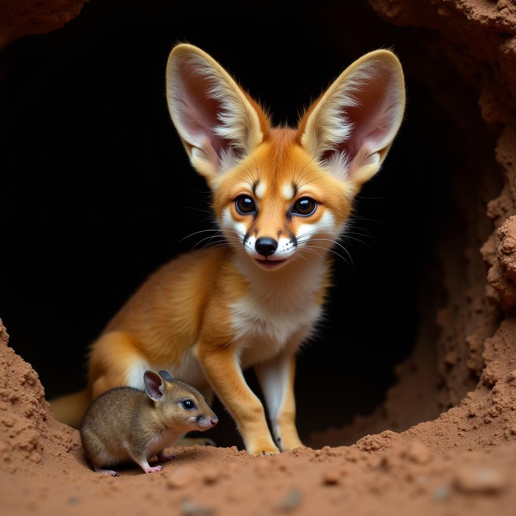 An African desert fox hunts a gerbil at night.