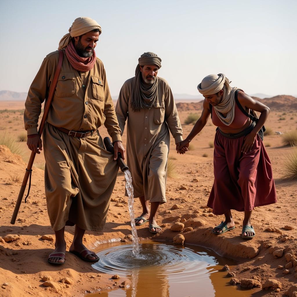 African desert nomads collecting scarce water