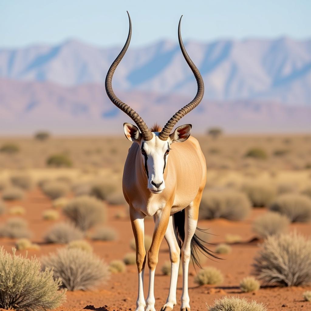 African oryx with long horns standing in the desert