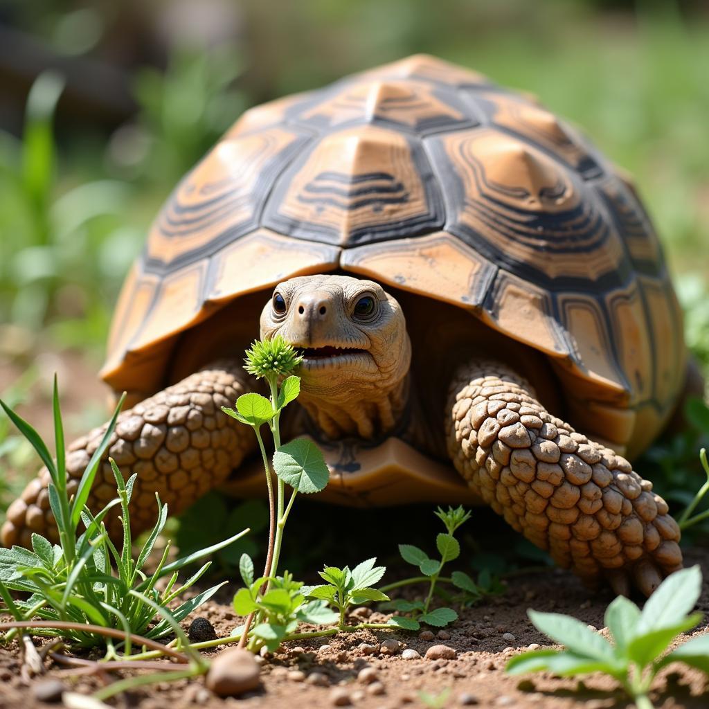 African Desert Tortoise Grazing on Grasses