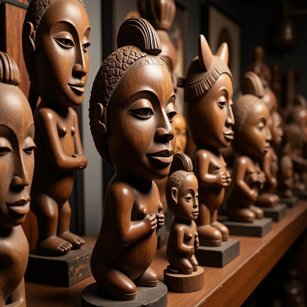 Intricately carved wooden masks and sculptures displayed in an African design emporium