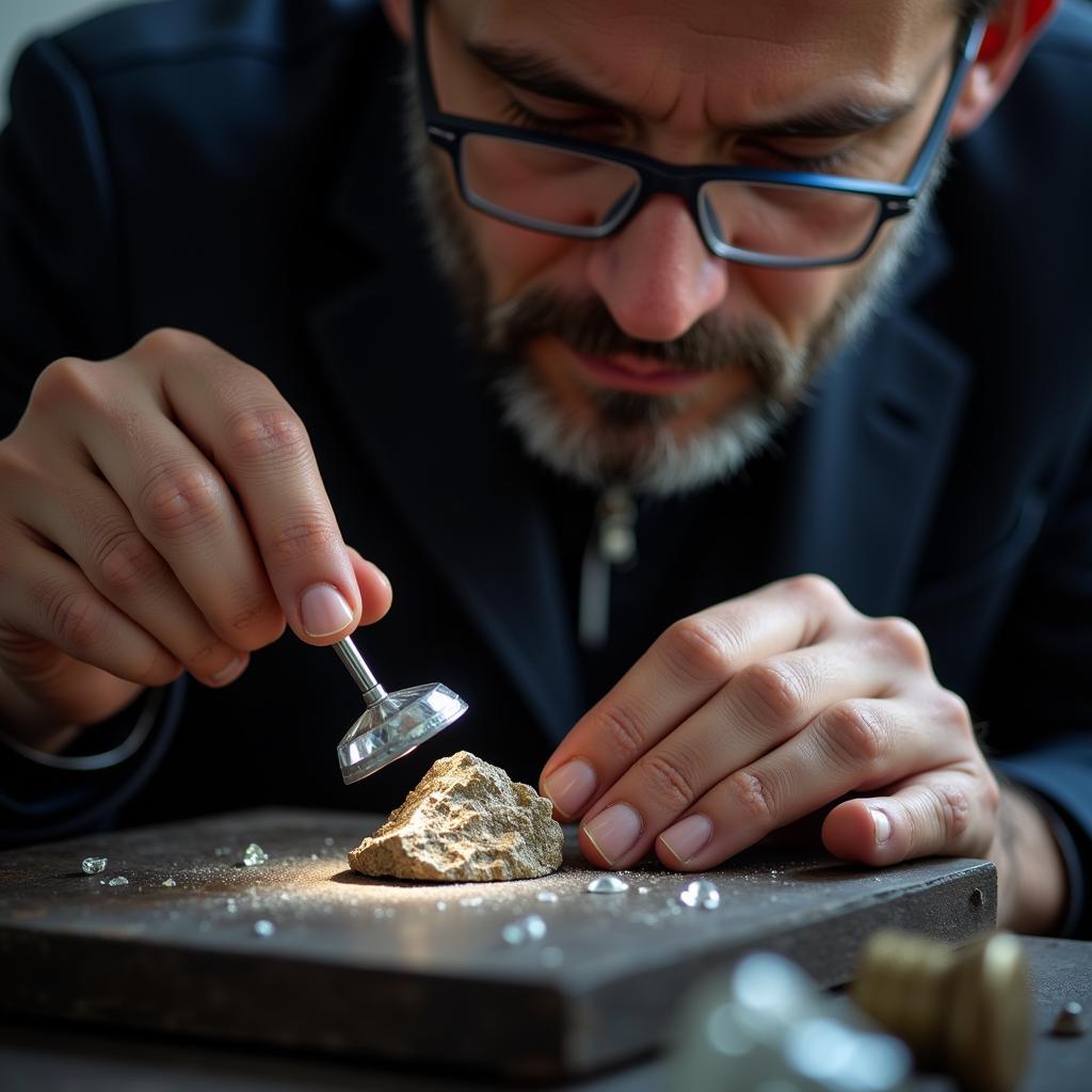 A diamond cutter meticulously inspects a rough diamond