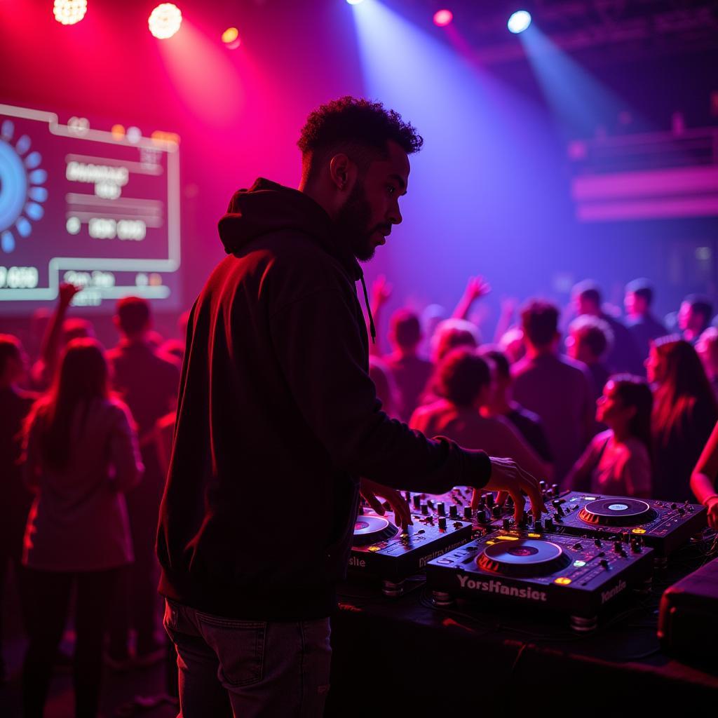 African DJ performing live with a crowd dancing