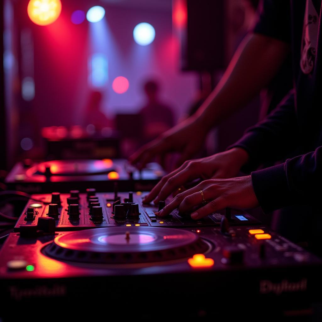 An African DJ performing with turntables at a club