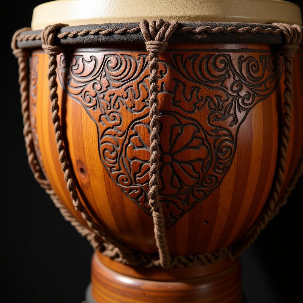 Close up of a djembe drum with intricate carvings