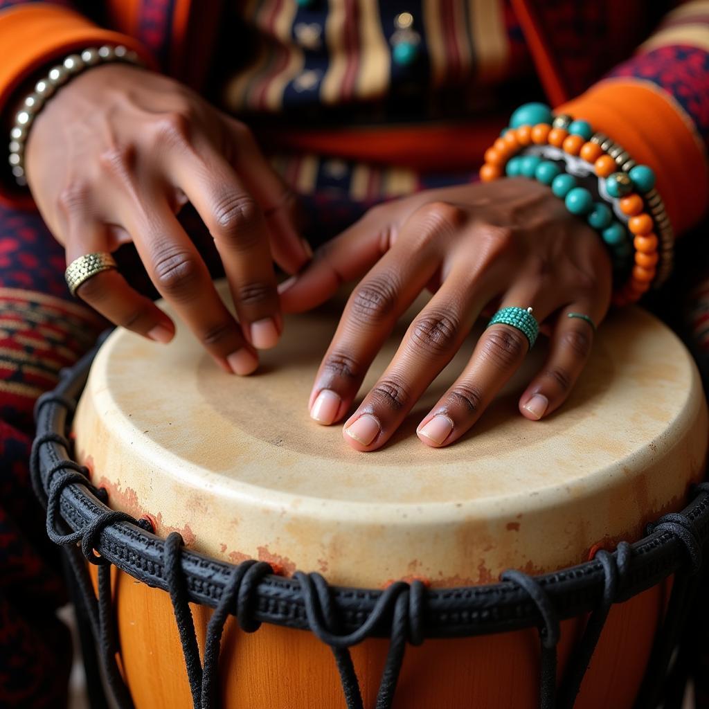 African djembe drum player in traditional attire