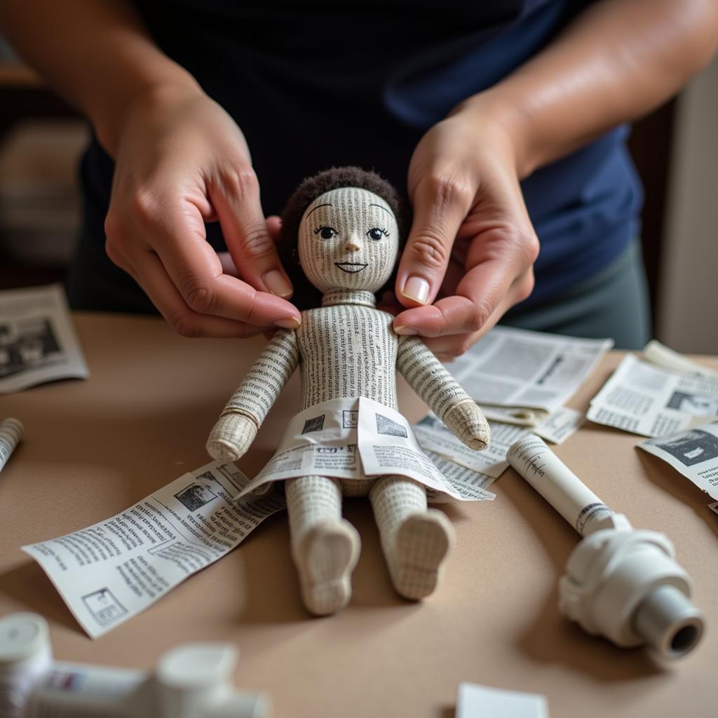 Hands crafting an African doll from newspaper