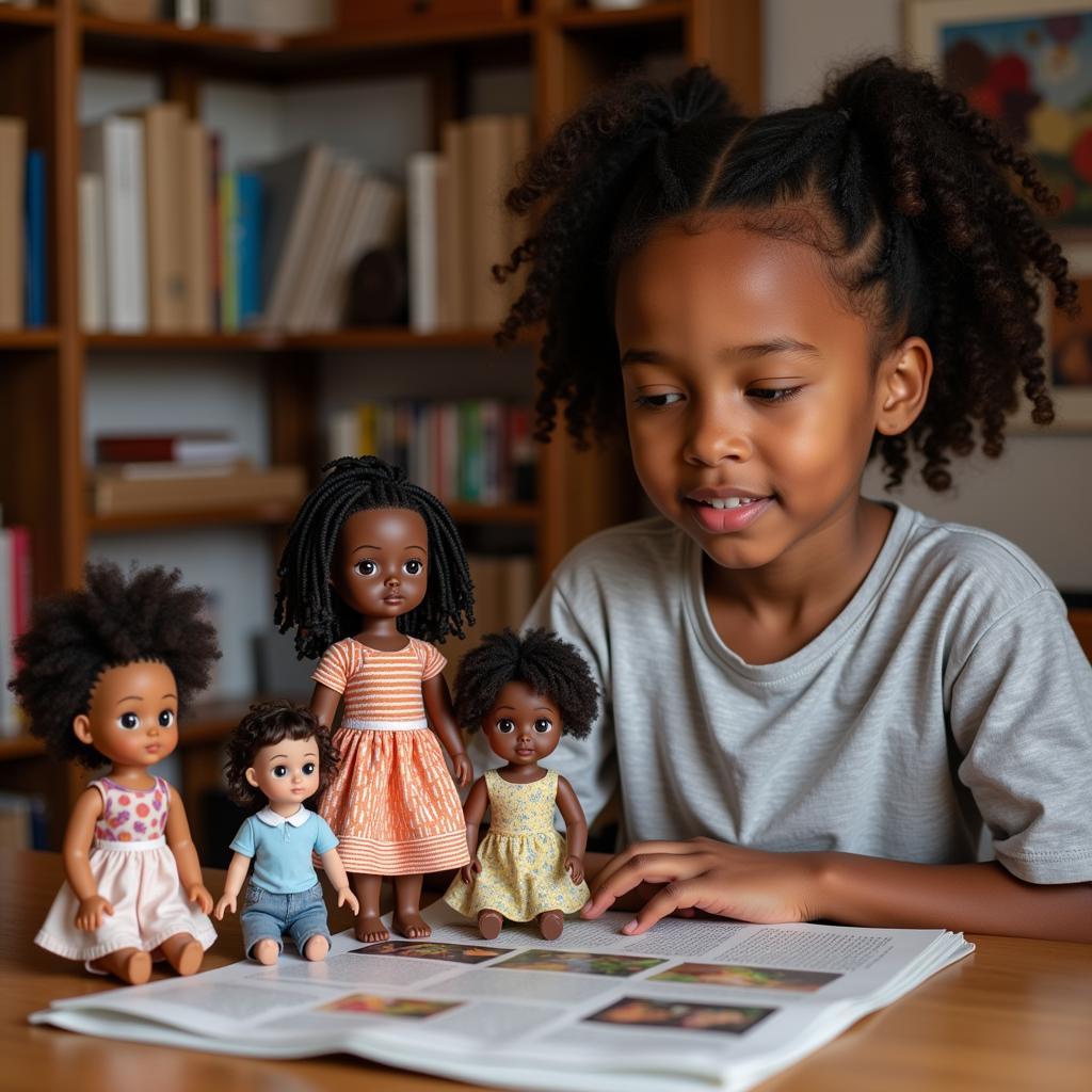 A group of children interacting with African dolls made from newspaper, signifying the transmission of cultural heritage.