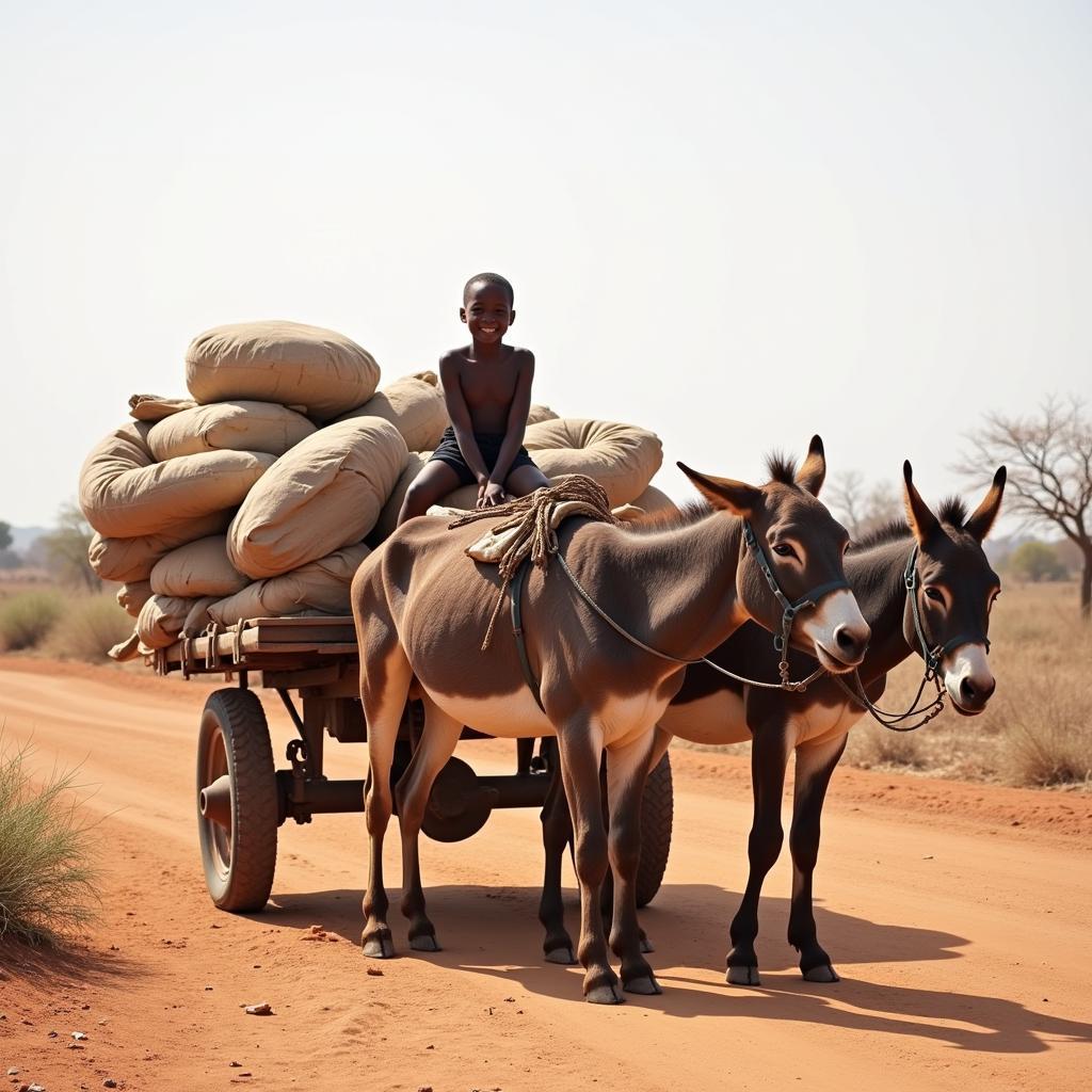 Donkeys in a rural African landscape