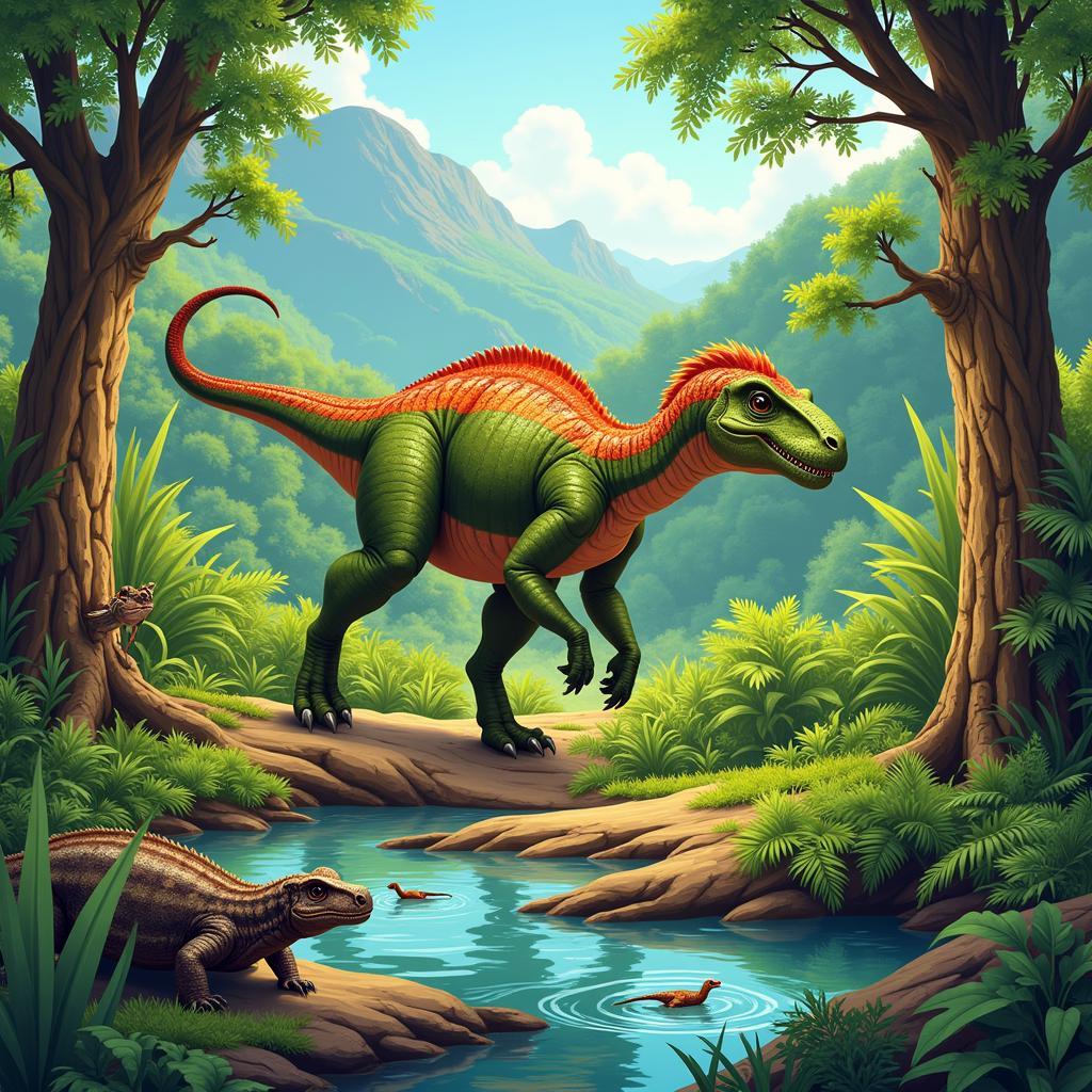 Artist's impression of an African dromaeosaur in its natural habitat