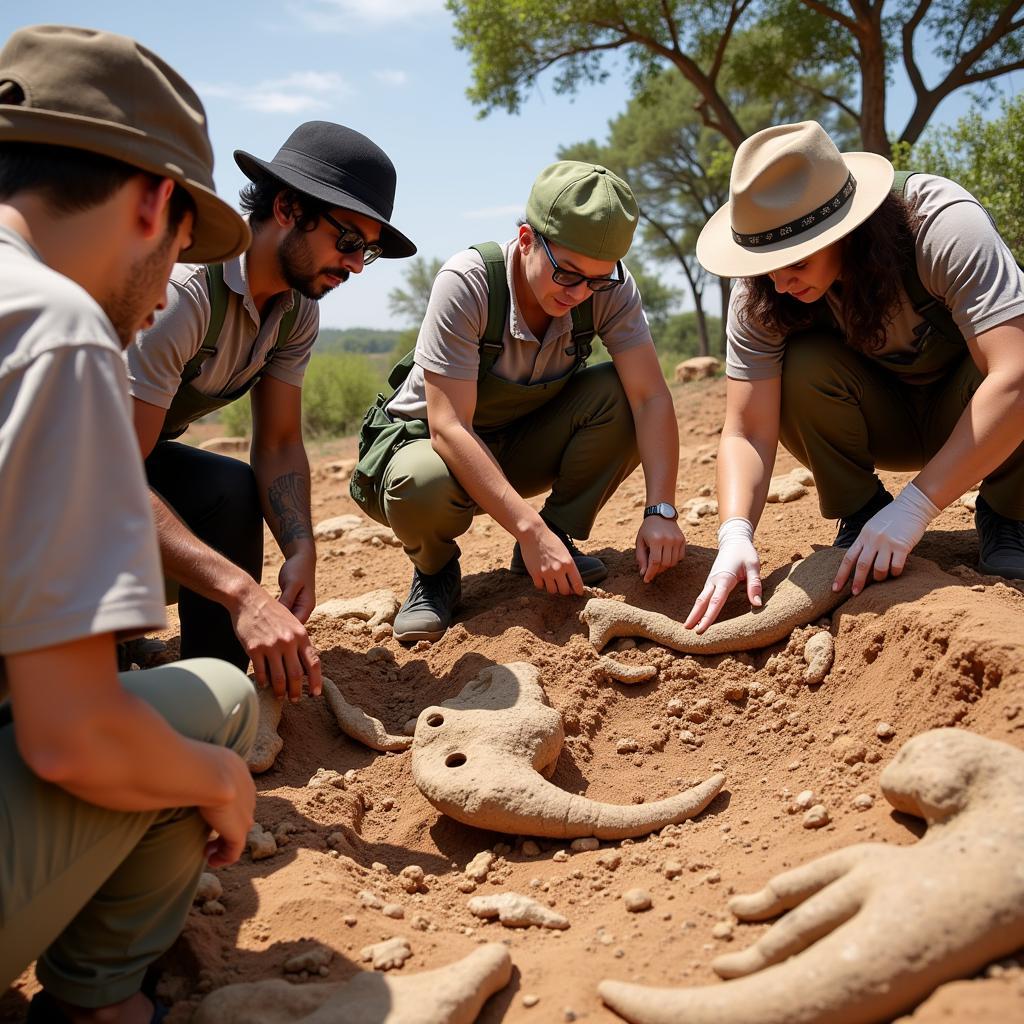 Paleontologists excavating an African dromaeosaur fossil