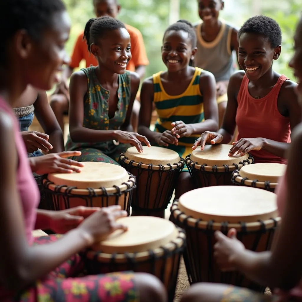 People playing drums in a circle