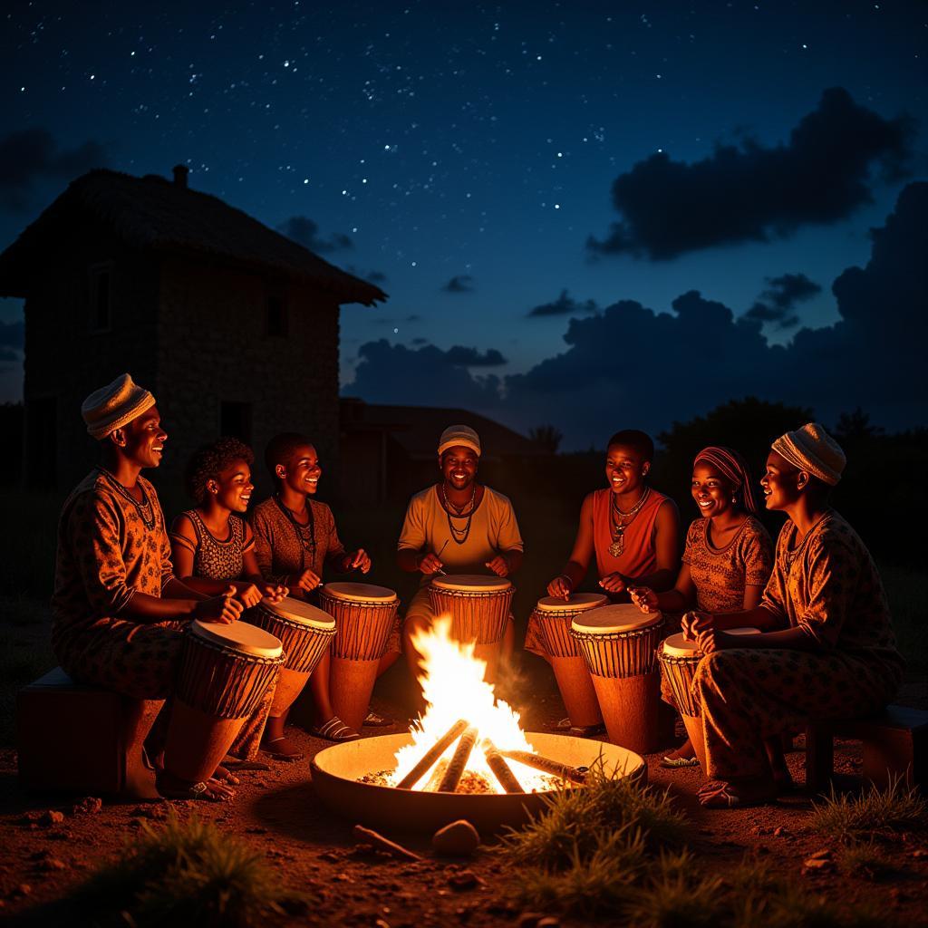 People gathered around a bonfire, playing drums and singing