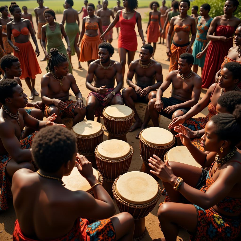 A group of African drummers performing in a lively circle, surrounded by dancers in colorful attire.