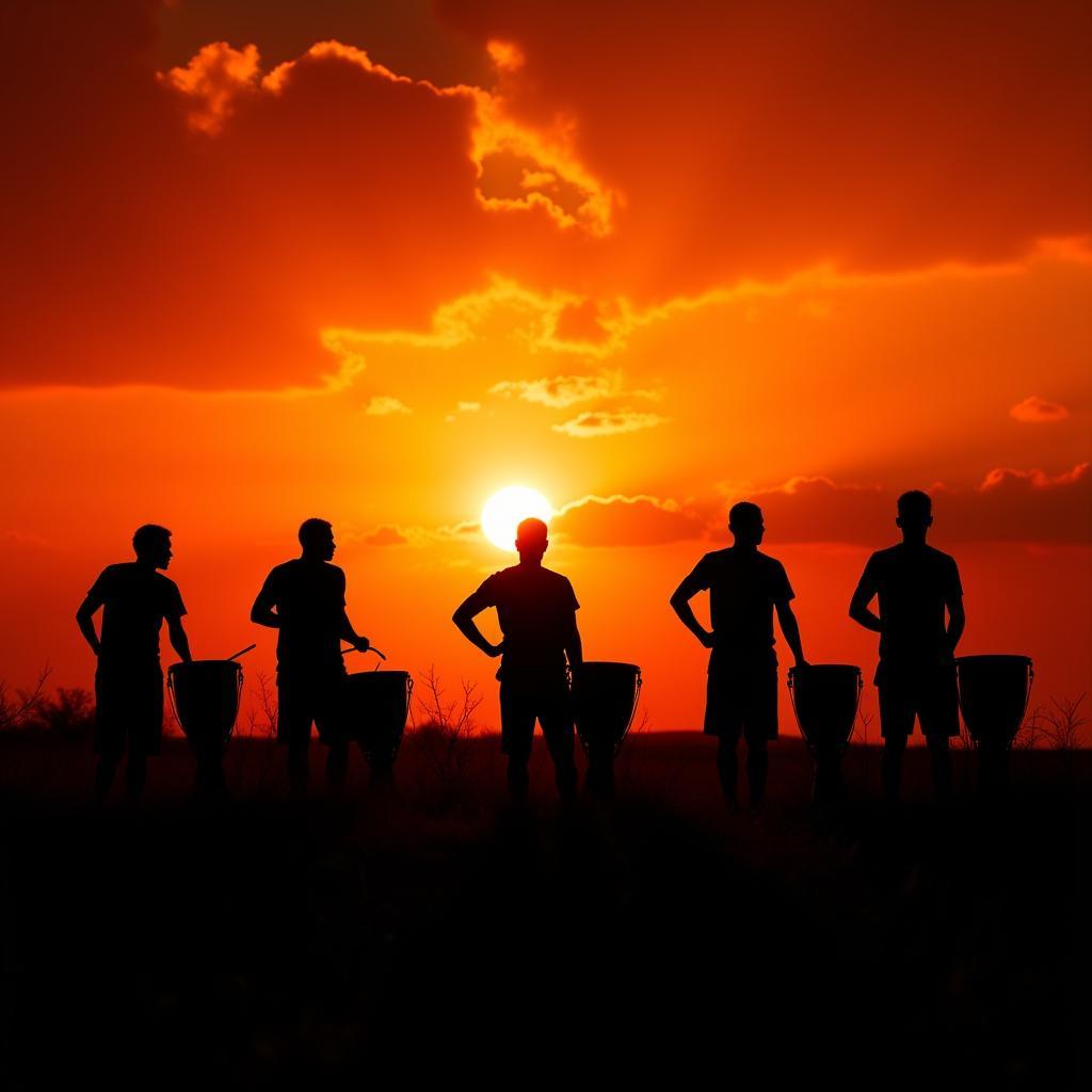 Sunset silhouette of drummers on the savannah