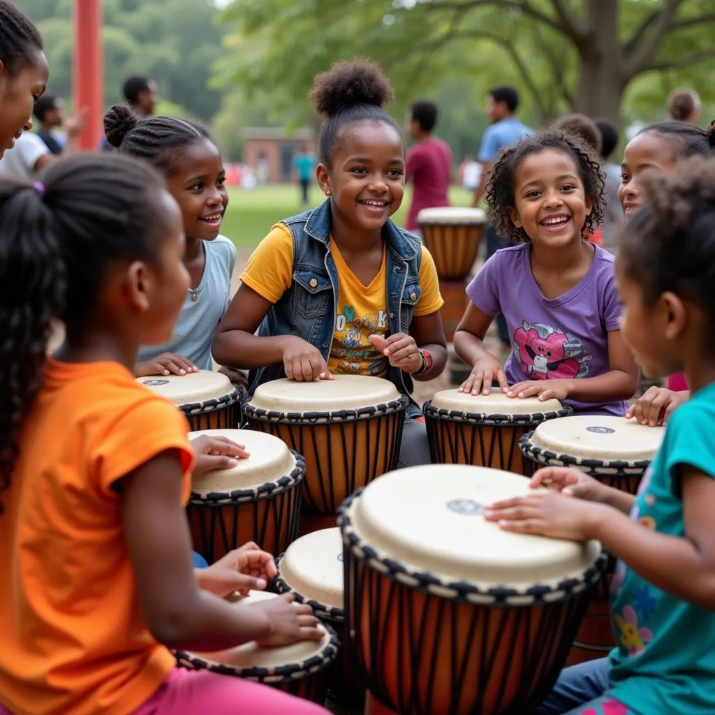 Kids participating in an African drum circle