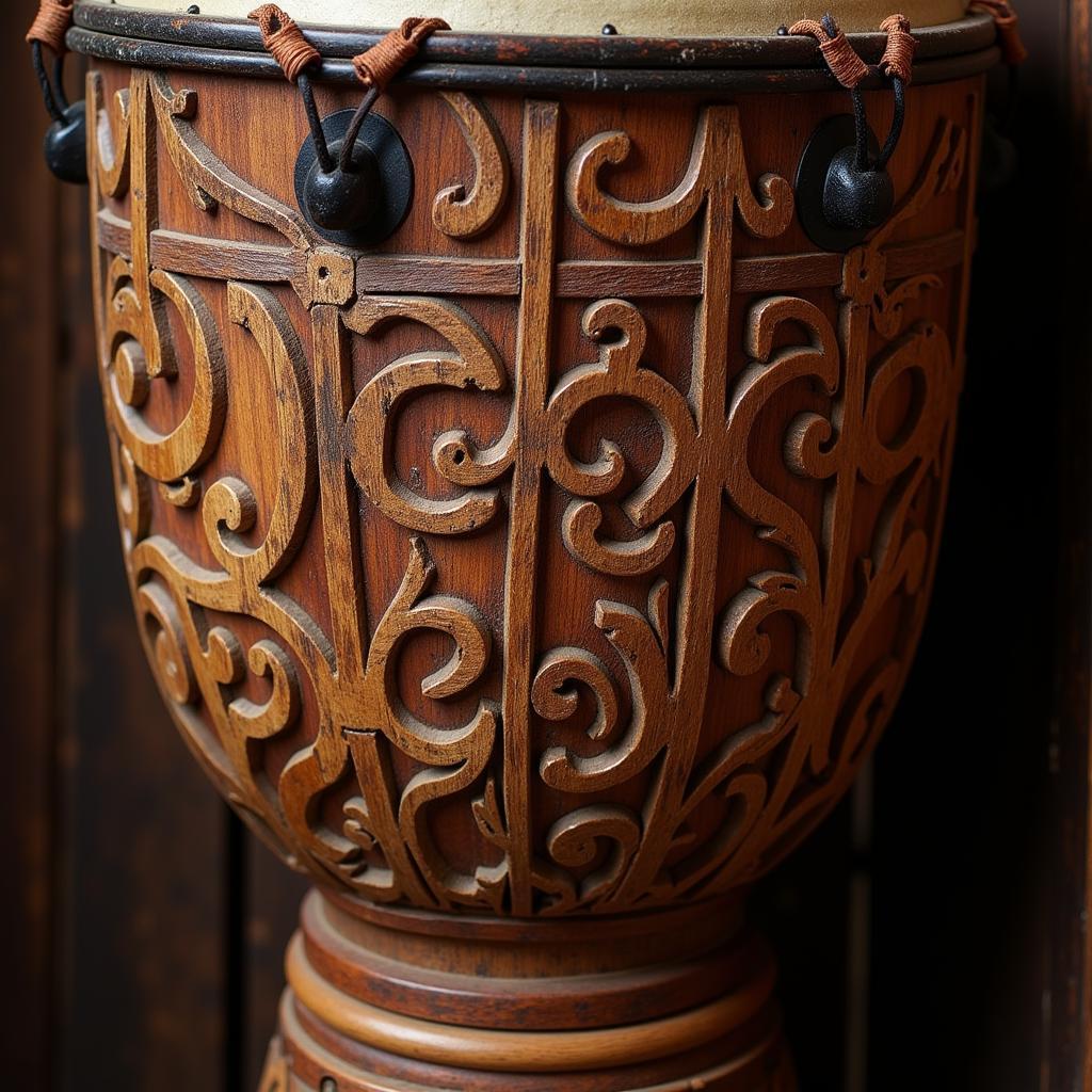 Close-up of intricate carvings on an African drum