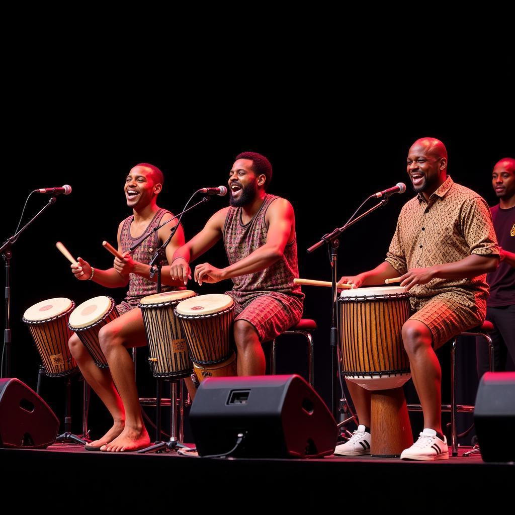 Group of drummers performing with traditional African instruments