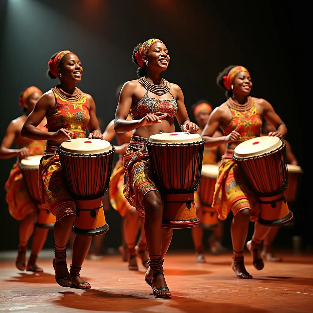 African drummers and dancers in traditional attire