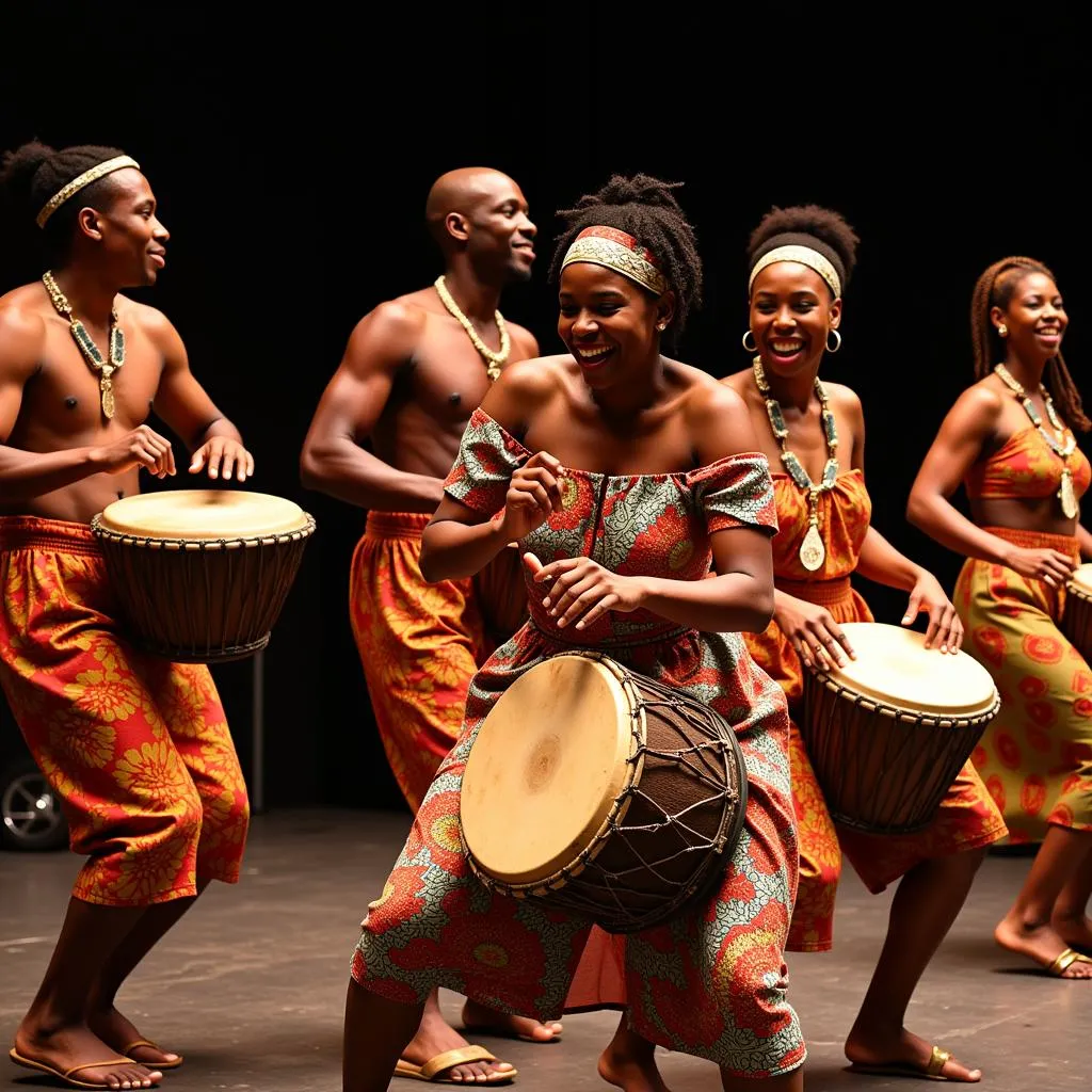 African musicians and dancers in traditional attire.