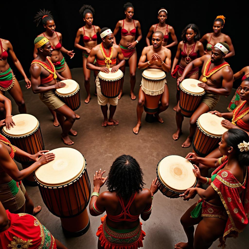 Energetic African drummers and dancers