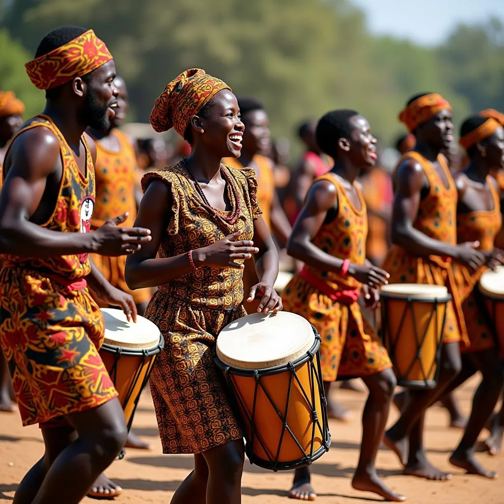 African drummers and dancers in traditional attire