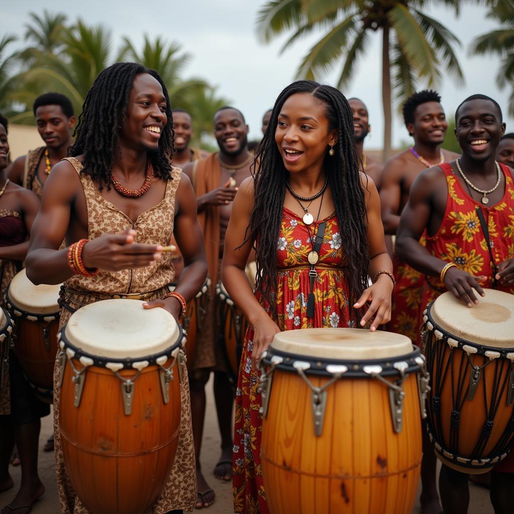 Energetic African drummers performing at a vibrant cultural celebration