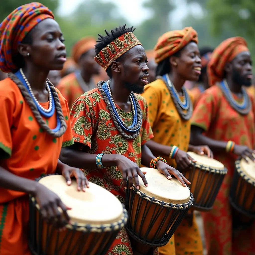 Vibrant African Drummers in Traditional Clothing