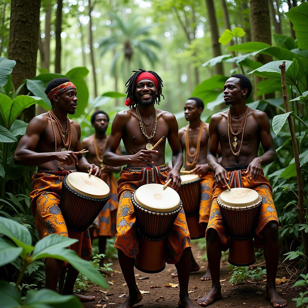 African drummers perform in a lush rainforest setting