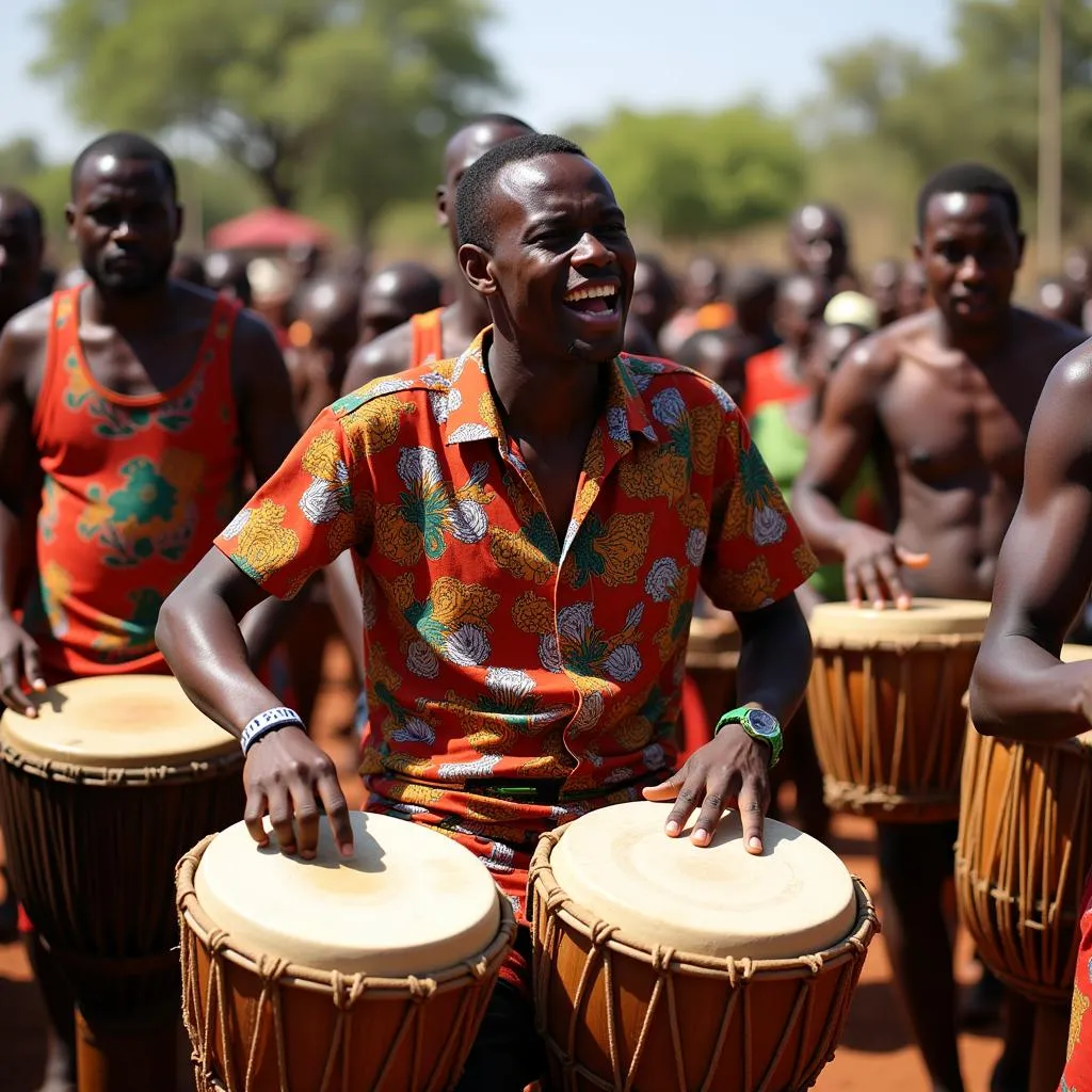 African drummers perform in a vibrant traditional ceremony