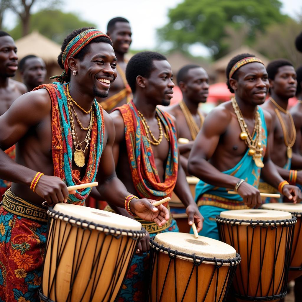 African drummers performing in a traditional ceremony